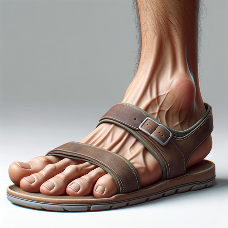 close up mans feet in tight sandals