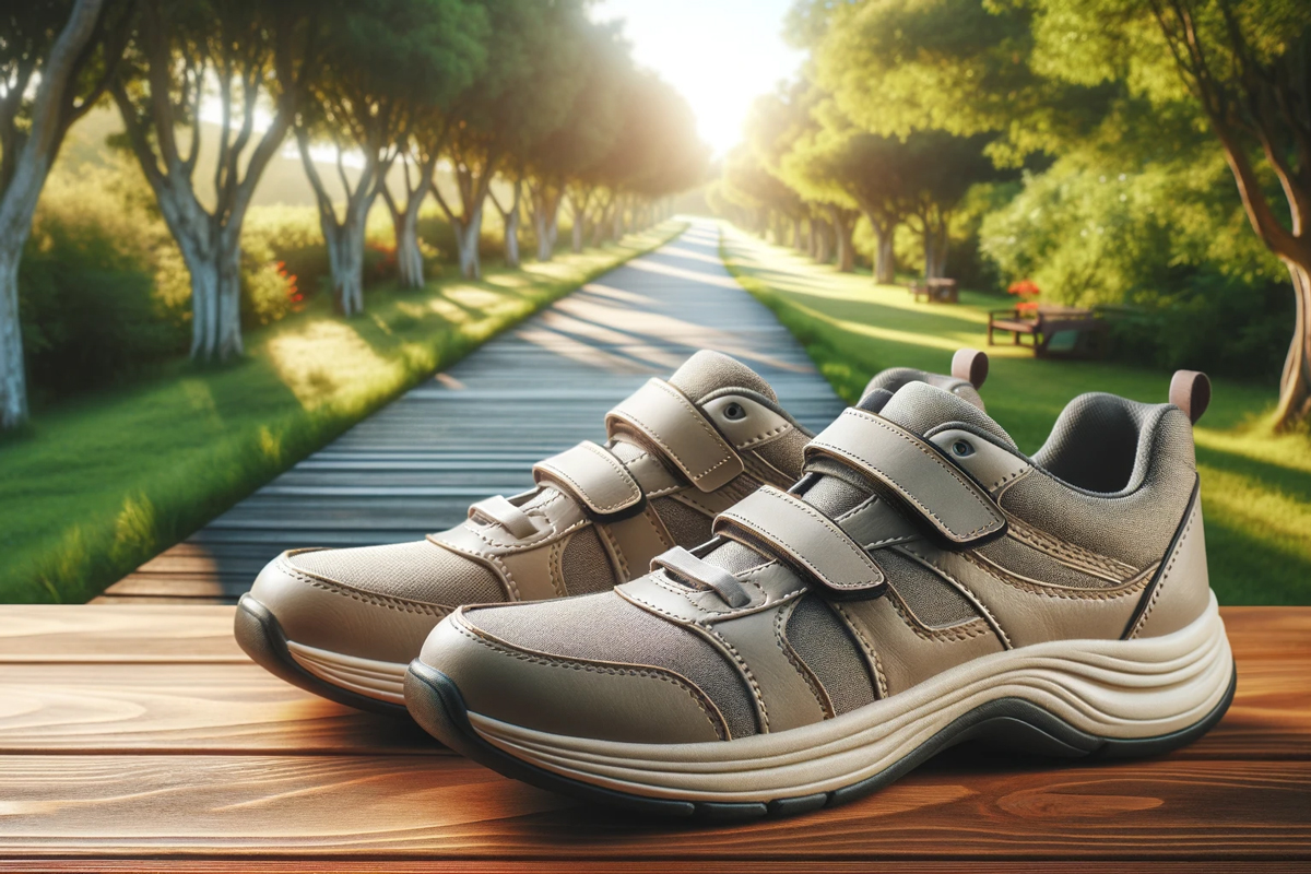 pair of 6E walking shoes on bench
