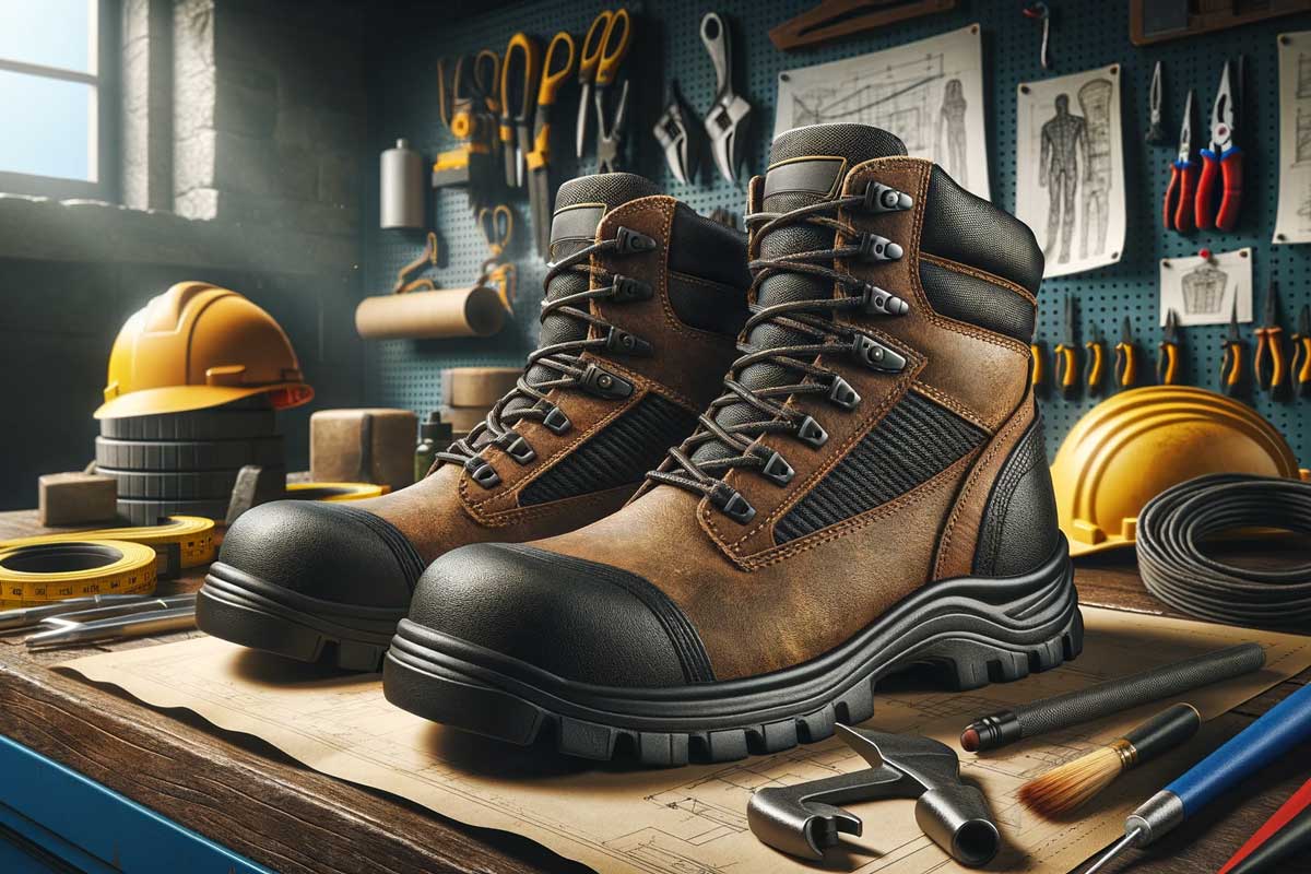9E safety boots on work bench