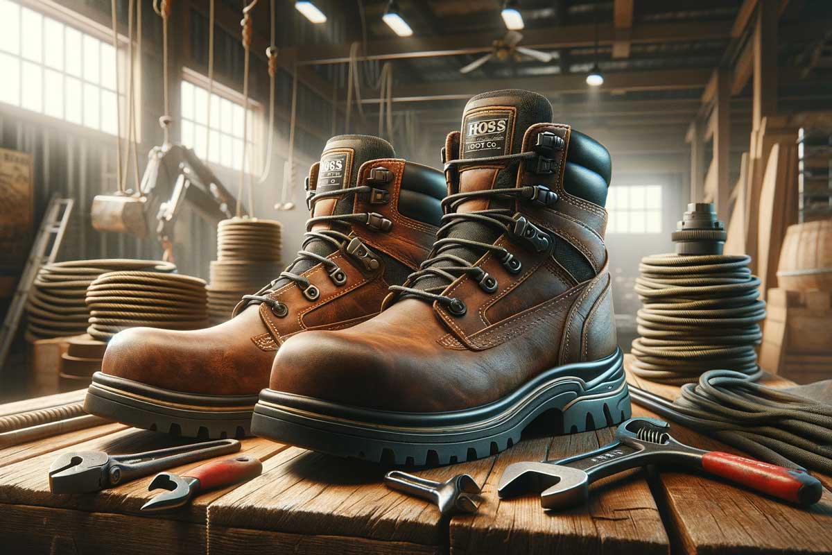 leather work boots on bench